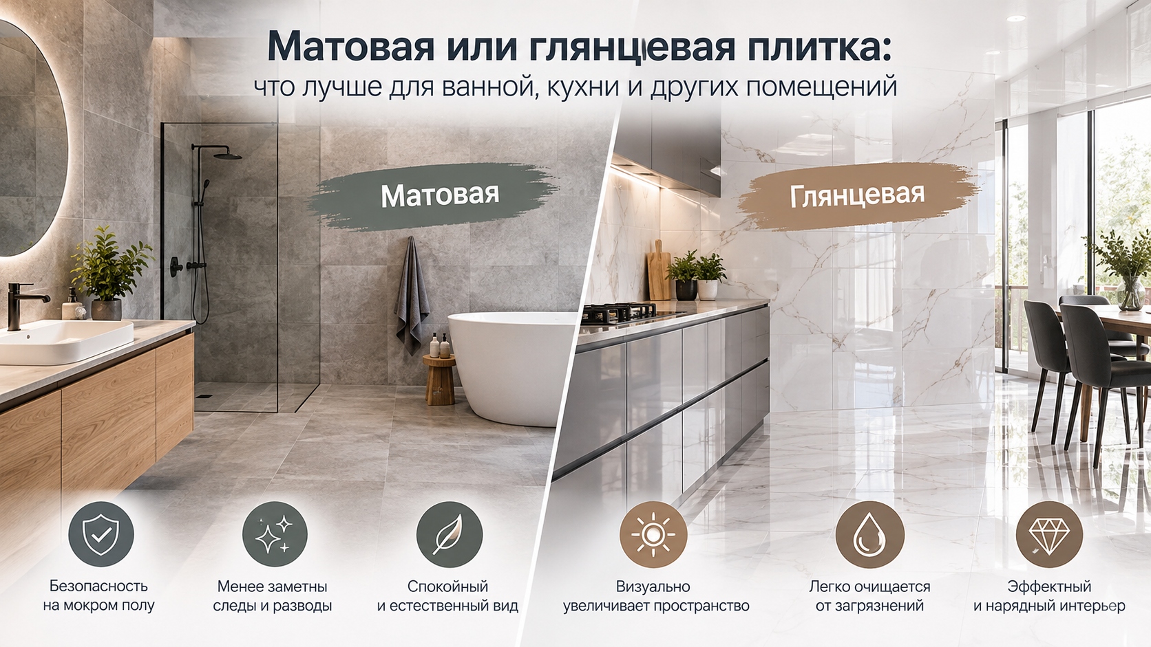 Матовая или глянцевая плитка: что лучше для ванной, кухни и других помещений